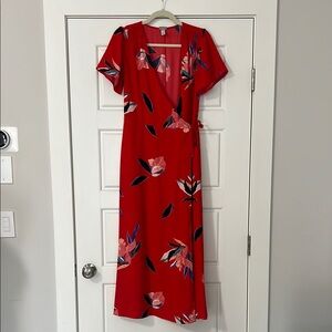 Red and White Flutter Sleeve Maxi Dress